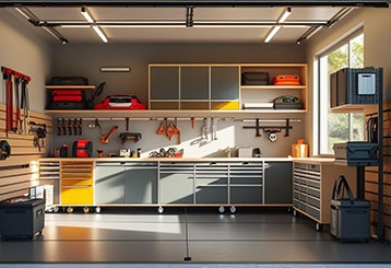 Neatly organized, sunlit garage interior with wall-mounted storage, cabinets, and custom organization systems ideal for cozy garage makeovers in 2025