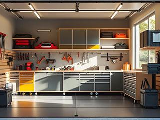 Organized modern garage with custom storage solutions – 2025 Garage Haven Ideas Aliso Viejo Neatly organized, sunlit garage interior with wall-mounted storage, cabinets, and custom organization systems ideal for cozy garage makeovers in 2025