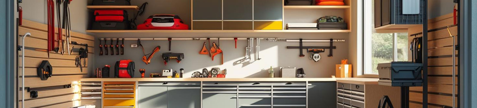Neatly organized, sunlit garage interior with wall-mounted storage, cabinets, and custom organization systems ideal for cozy garage makeovers in 2025