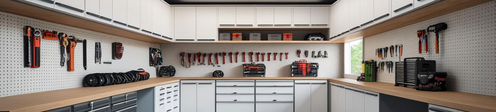 Custom garage storage cabinets, workbenches, and wall-mounted tool organization in a clean, modern garage, showing the results of a custom garage solution in Aliso Viejo