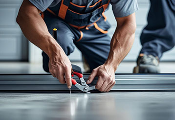 Close-up of a technician making adjustments to a garage door track, showing maintenance service in a clean, modern garage
