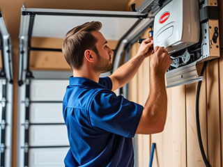 Technician repairing a garage door opener in Aliso Viejo Garage door repair expert servicing a wall-mounted garage door opener inside a residential garage