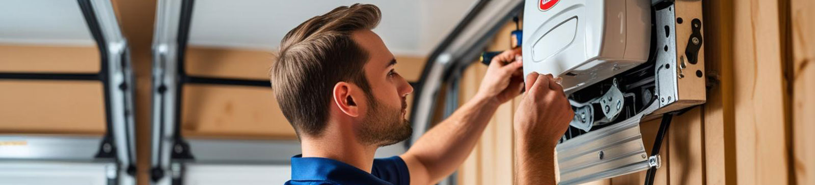 Garage door repair expert servicing a wall-mounted garage door opener inside a residential garage