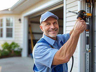 Technician performing expert garage door repair at a modern Aliso Viejo home Experienced technician repairing a residential garage door system outdoors, emphasizing professional garage door repair services in Aliso Viejo