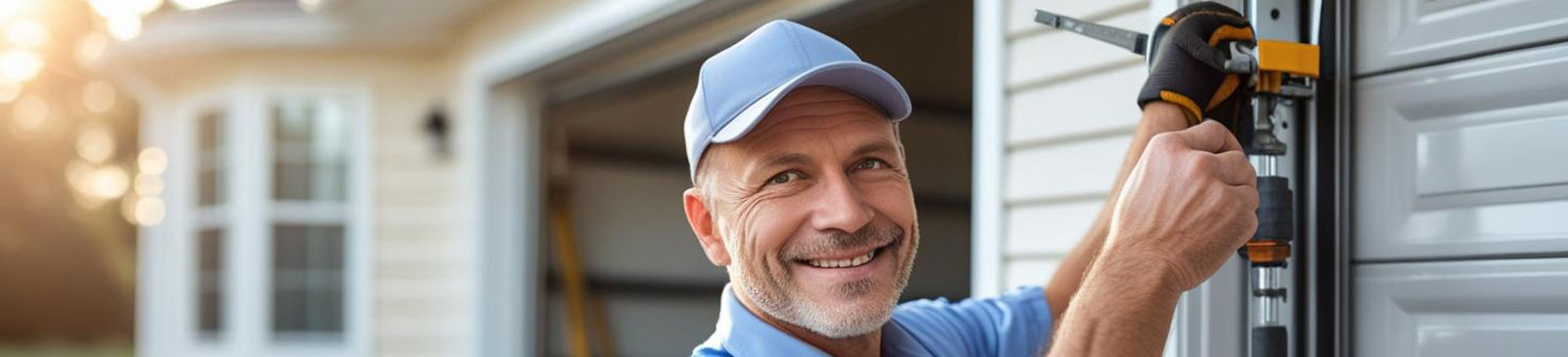 Experienced technician repairing a residential garage door system outdoors, emphasizing professional garage door repair services in Aliso Viejo