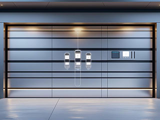 High-tech residential garage door with smart access and lighting – Aliso Viejo 2025 Innovations Modern smart garage door with integrated lighting, digital lock, and smartphone controls representing new technologies in garage doors for Aliso Viejo homes in 2025