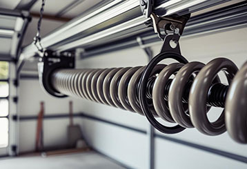 Large, durable garage door torsion spring positioned in a sunlit modern garage, symbolizing professional torsion spring replacement services