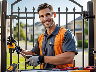 Professional gate repair technician working on a metal gate at a residential property, showcasing reliable gate services in Aliso Viejo