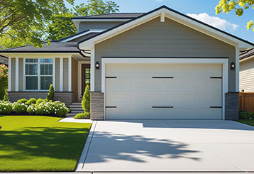 Modern suburban house front with pristine landscaped lawn and a sleek, white garage door, highlighting new garage door installation