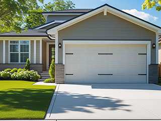 Beautiful home exterior with a newly installed modern garage door in Aliso Viejo Modern suburban house front with pristine landscaped lawn and a sleek, white garage door, highlighting new garage door installation