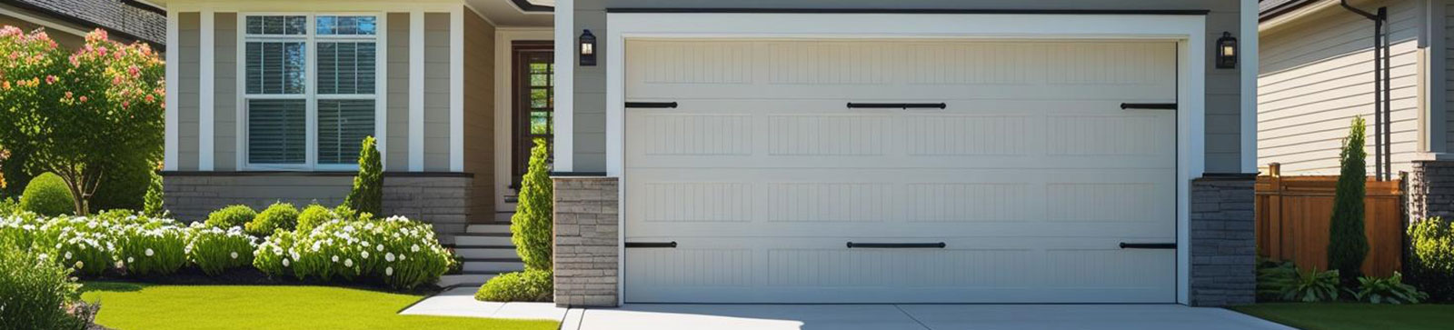 Modern suburban house front with pristine landscaped lawn and a sleek, white garage door, highlighting new garage door installation