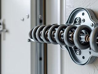 Close-up of garage door torsion spring – Essential part for door balance and safety Detailed view of a tightly wound garage door torsion spring mounted above a residential garage door, showcasing its critical role in safe operation