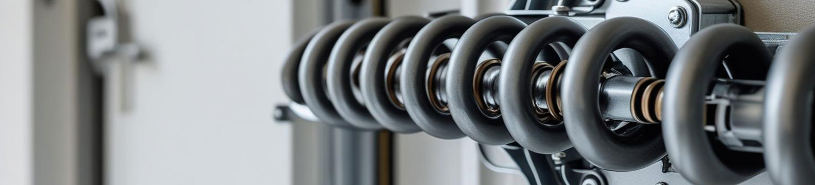 Detailed view of a tightly wound garage door torsion spring mounted above a residential garage door, showcasing its critical role in safe operation
